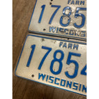 Vintage 1987 Wisconsin Embossed License Plate Blue White Farm Pair