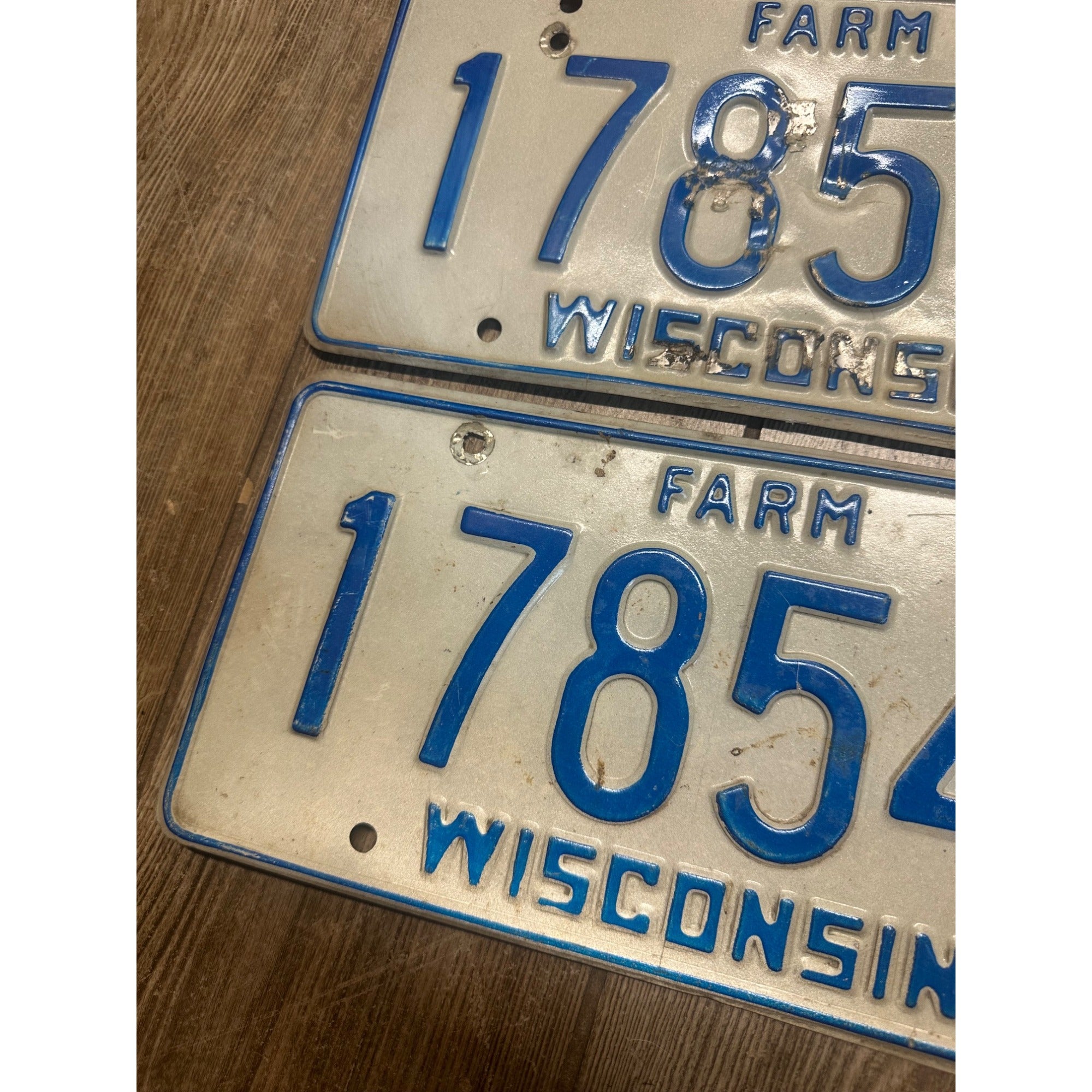 Vintage 1987 Wisconsin Embossed License Plate Blue White Farm Pair