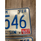 Vintage 1987 Wisconsin Embossed License Plate Blue White Farm Pair