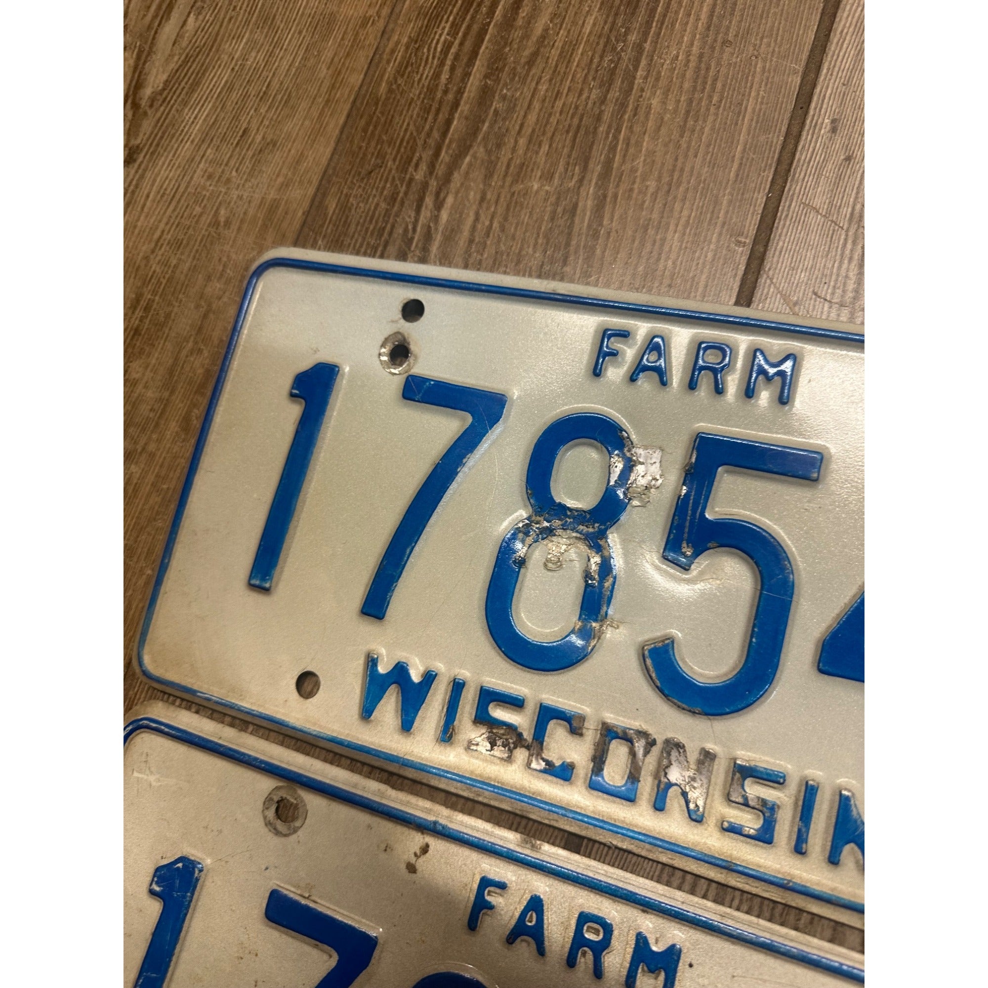 Vintage 1987 Wisconsin Embossed License Plate Blue White Farm Pair