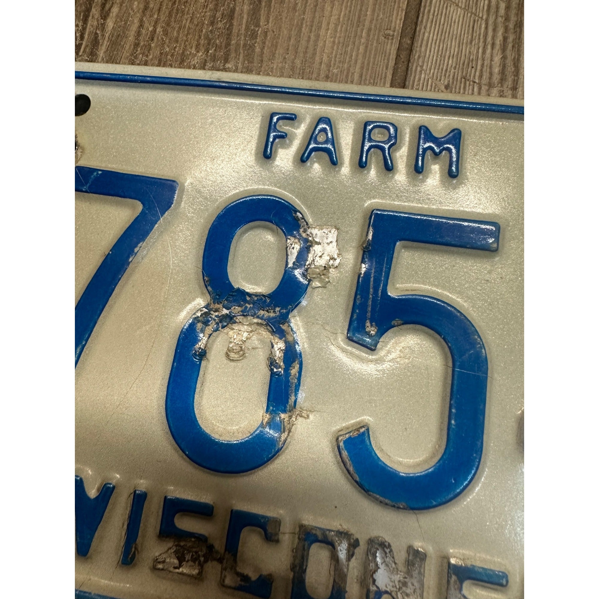 Vintage 1987 Wisconsin Embossed License Plate Blue White Farm Pair