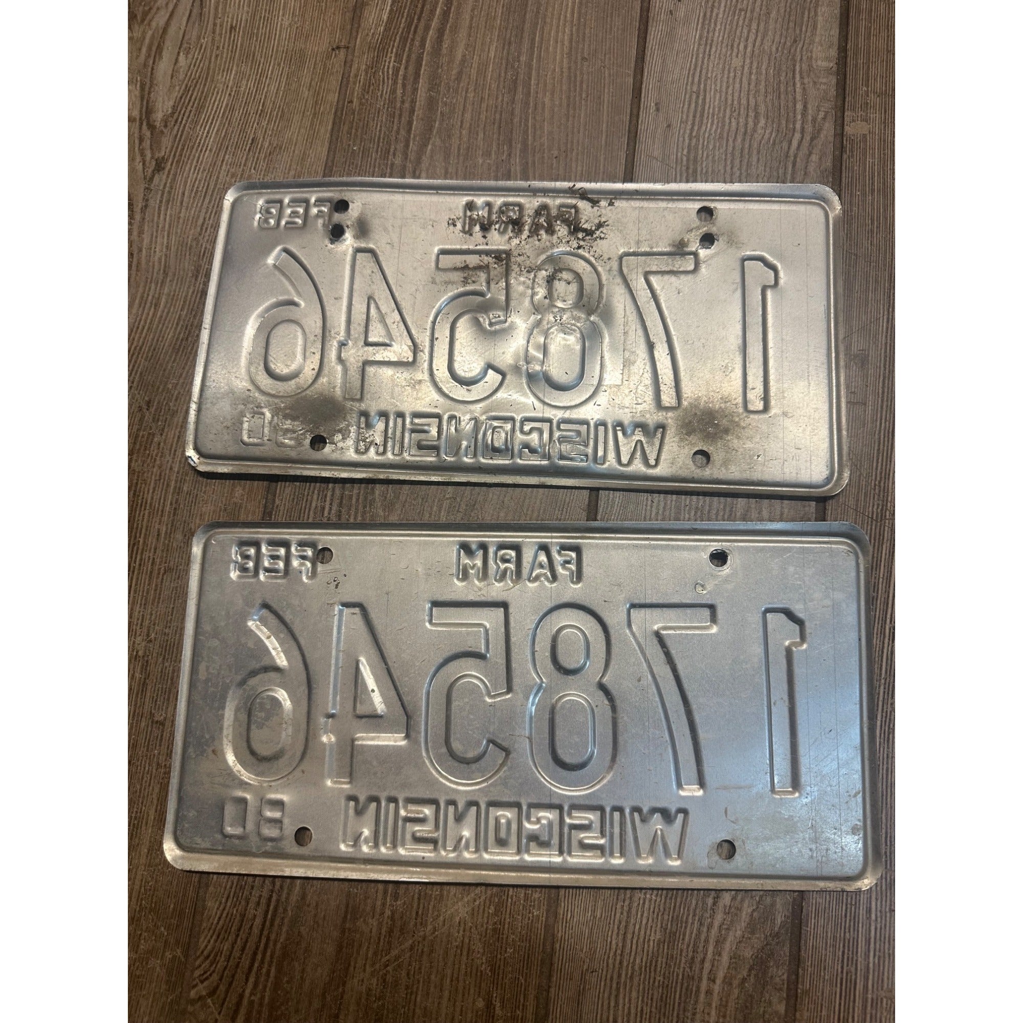 Vintage 1987 Wisconsin Embossed License Plate Blue White Farm Pair