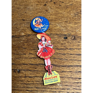 Original 1940s Miller High Life Beer Girl on Moon Celluloid Pin w/ Hanger