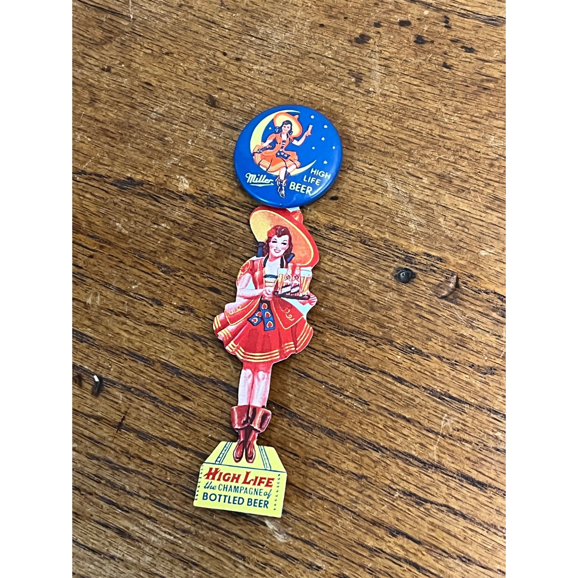 Original 1940s Miller High Life Beer Girl on Moon Celluloid Pin w/ Hanger