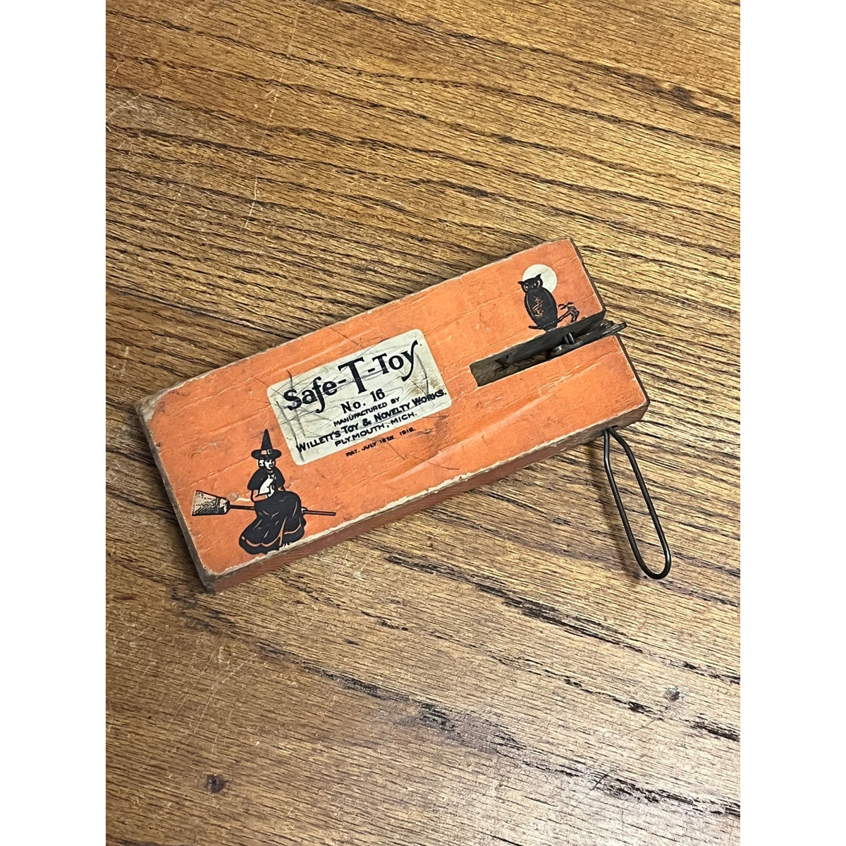 Vintage 1918 Halloween Noisemaker Witch Owl Safe-T-Toy Wooden Willet's Toy Mich