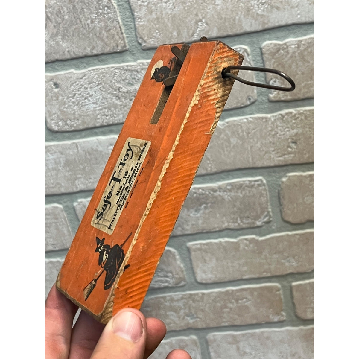 Vintage 1918 Halloween Noisemaker Witch Owl Safe-T-Toy Wooden Willet's Toy Mich