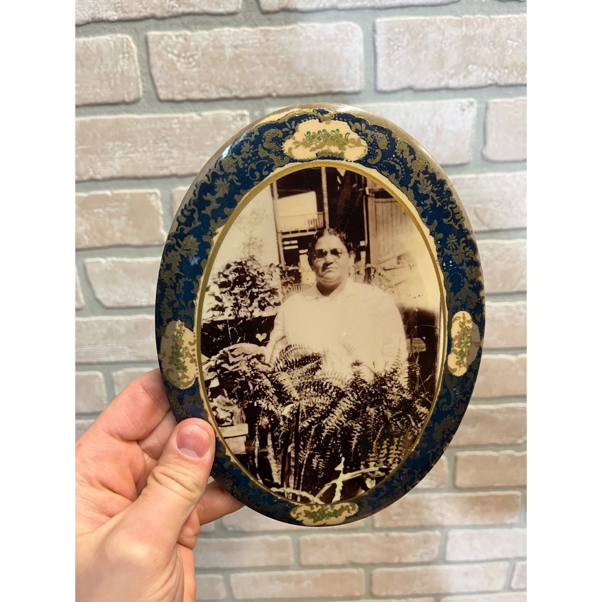 Antique Victorian Portrait Celluloid Button Photo Lady Floral Colors Funeral?