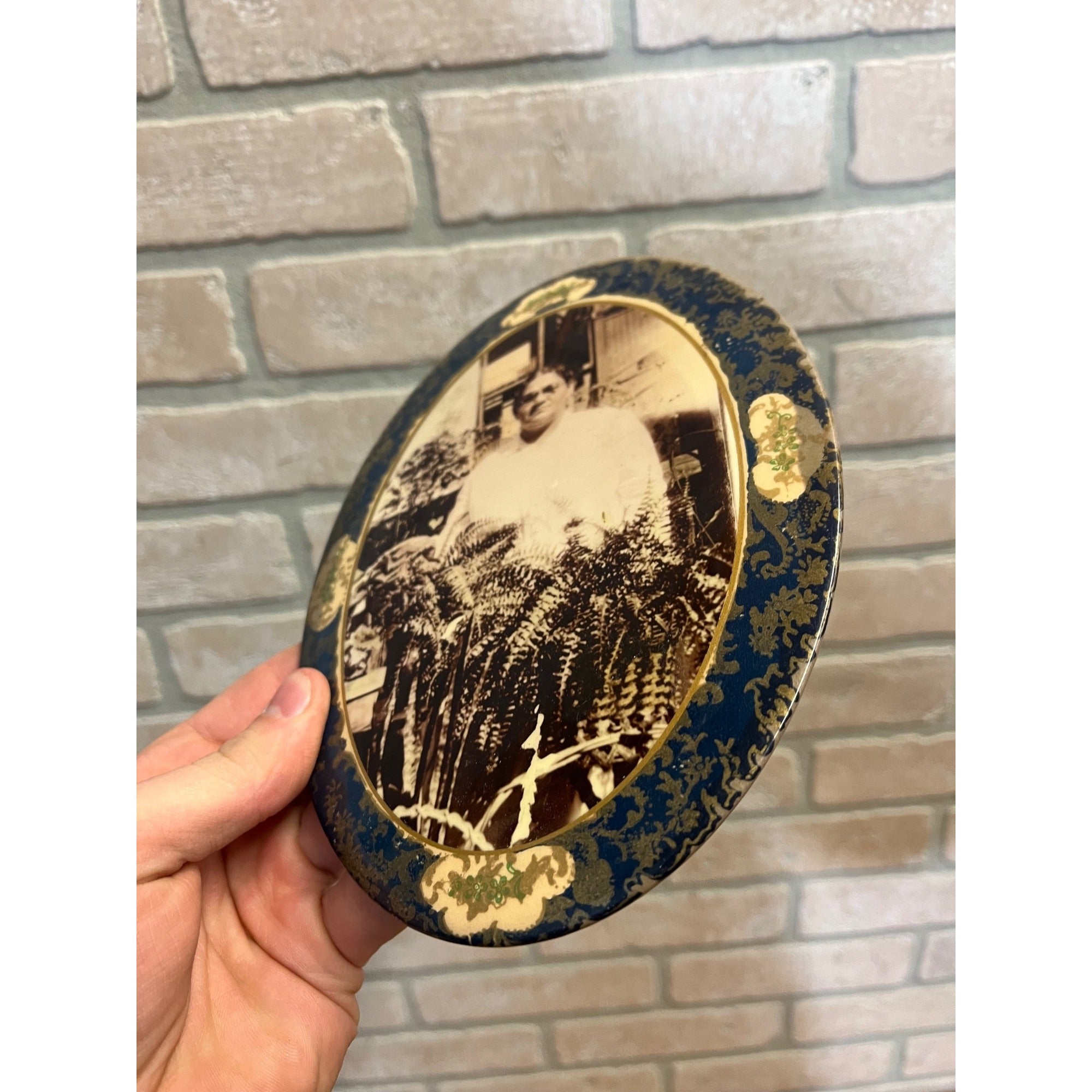 Antique Victorian Portrait Celluloid Button Photo Lady Floral Colors Funeral?