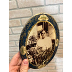 Antique Victorian Portrait Celluloid Button Photo Lady Floral Colors Funeral?