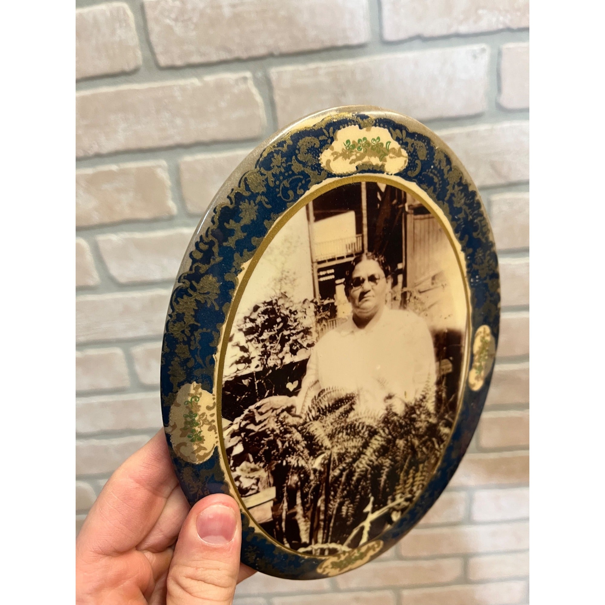 Antique Victorian Portrait Celluloid Button Photo Lady Floral Colors Funeral?