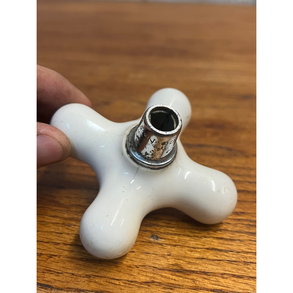 Vintage White Porcelain Faucet Cross Handle Knob Only - FRESH - 3"x3"