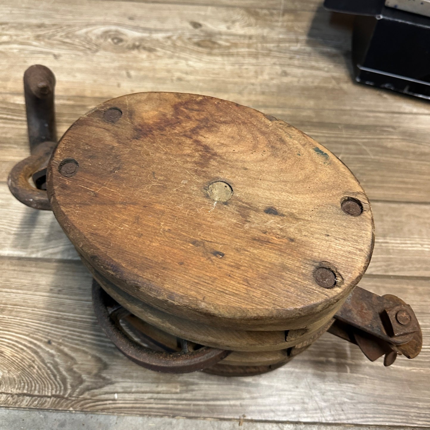 Antique Large Heavy Wooden 3-Rope Steel Wheel Block & Tackle Pulley Industrial