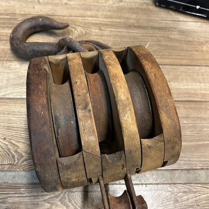 Antique Large Heavy Wooden 3-Rope Steel Wheel Block & Tackle Pulley Industrial