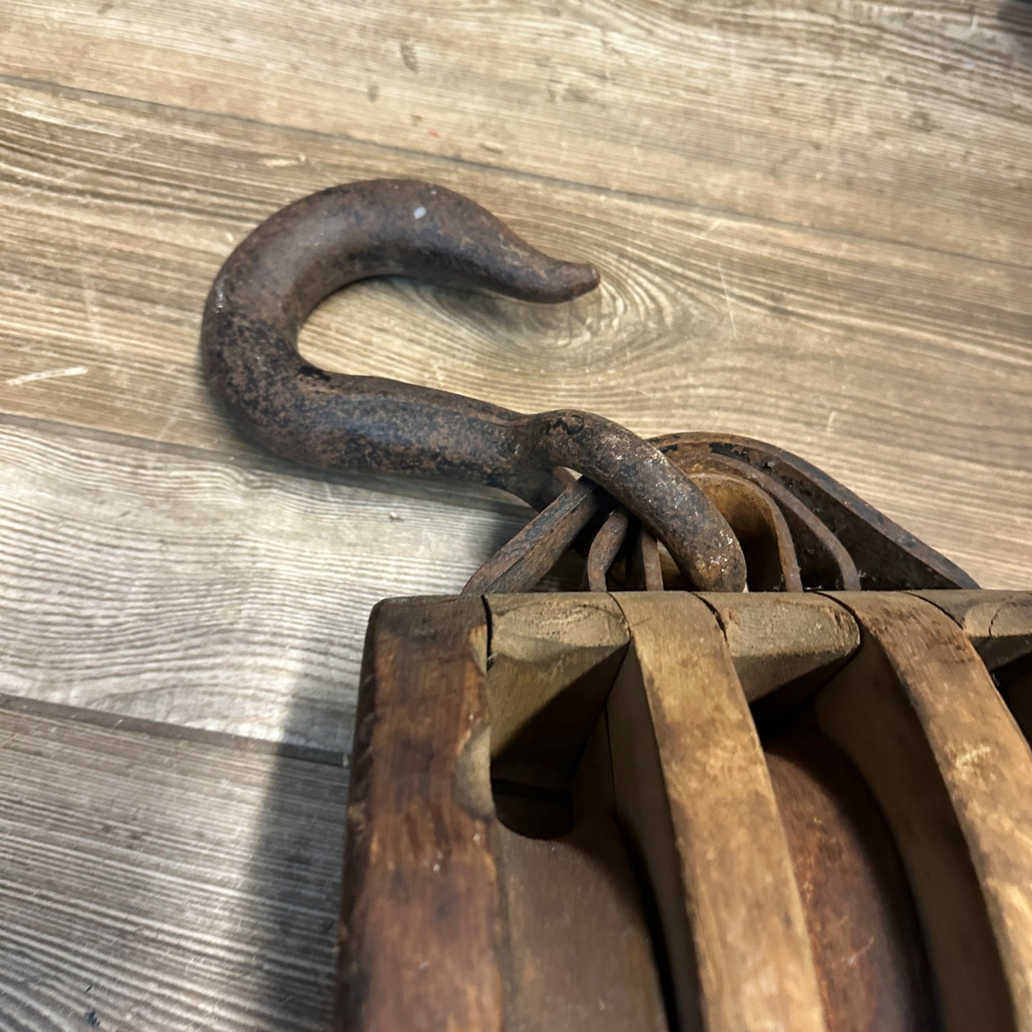 Antique Large Heavy Wooden 3-Rope Steel Wheel Block & Tackle Pulley Industrial