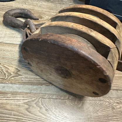 Antique Large Heavy Wooden 3-Rope Steel Wheel Block & Tackle Pulley Industrial