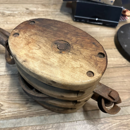 Antique Large Heavy Wooden 3-Rope Steel Wheel Block & Tackle Pulley Industrial