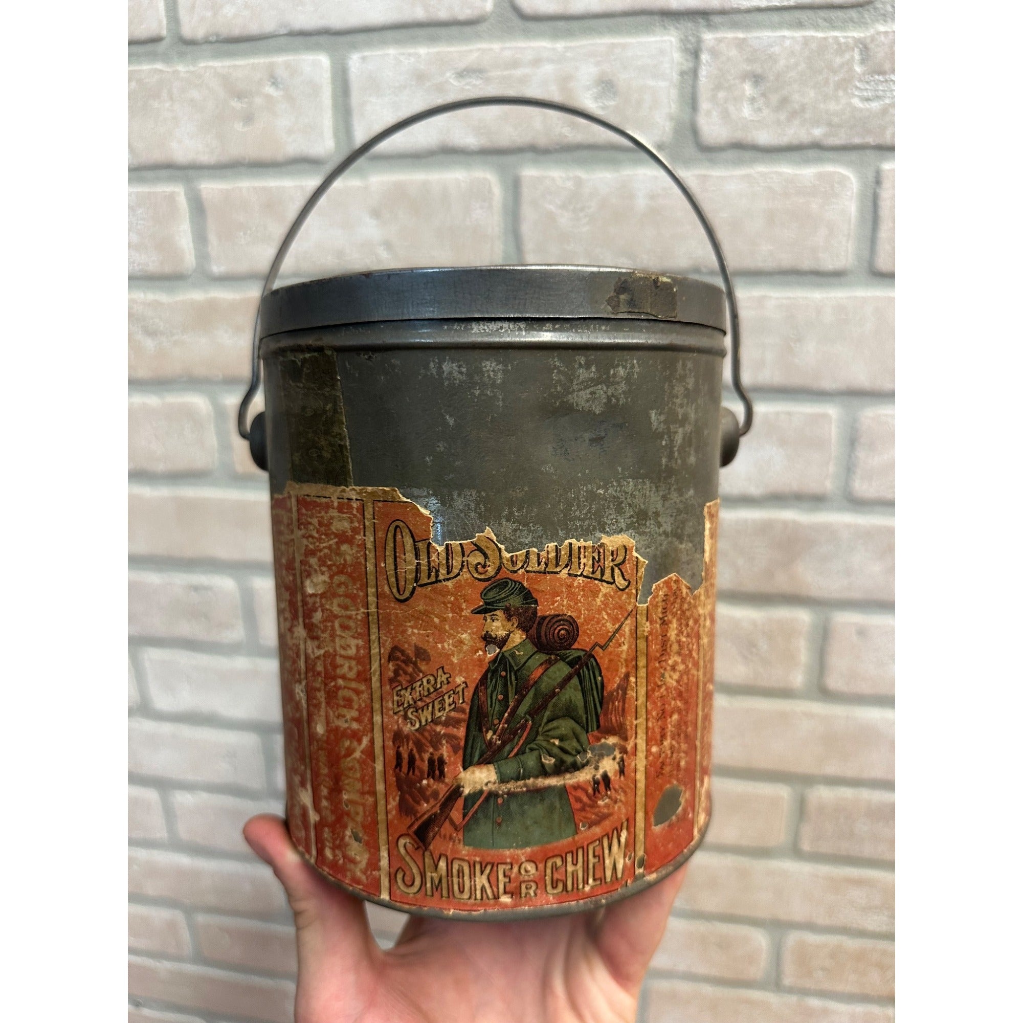 Early 1900s Goodrich Milwaukee "Old Soldier" Tobacco Empty Tin Pail Bucket Paper Label