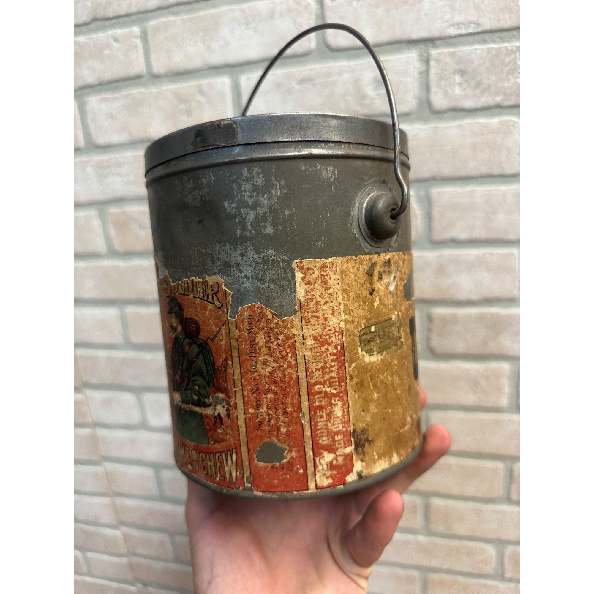 Early 1900s Goodrich Milwaukee "Old Soldier" Tobacco Empty Tin Pail Bucket Paper Label