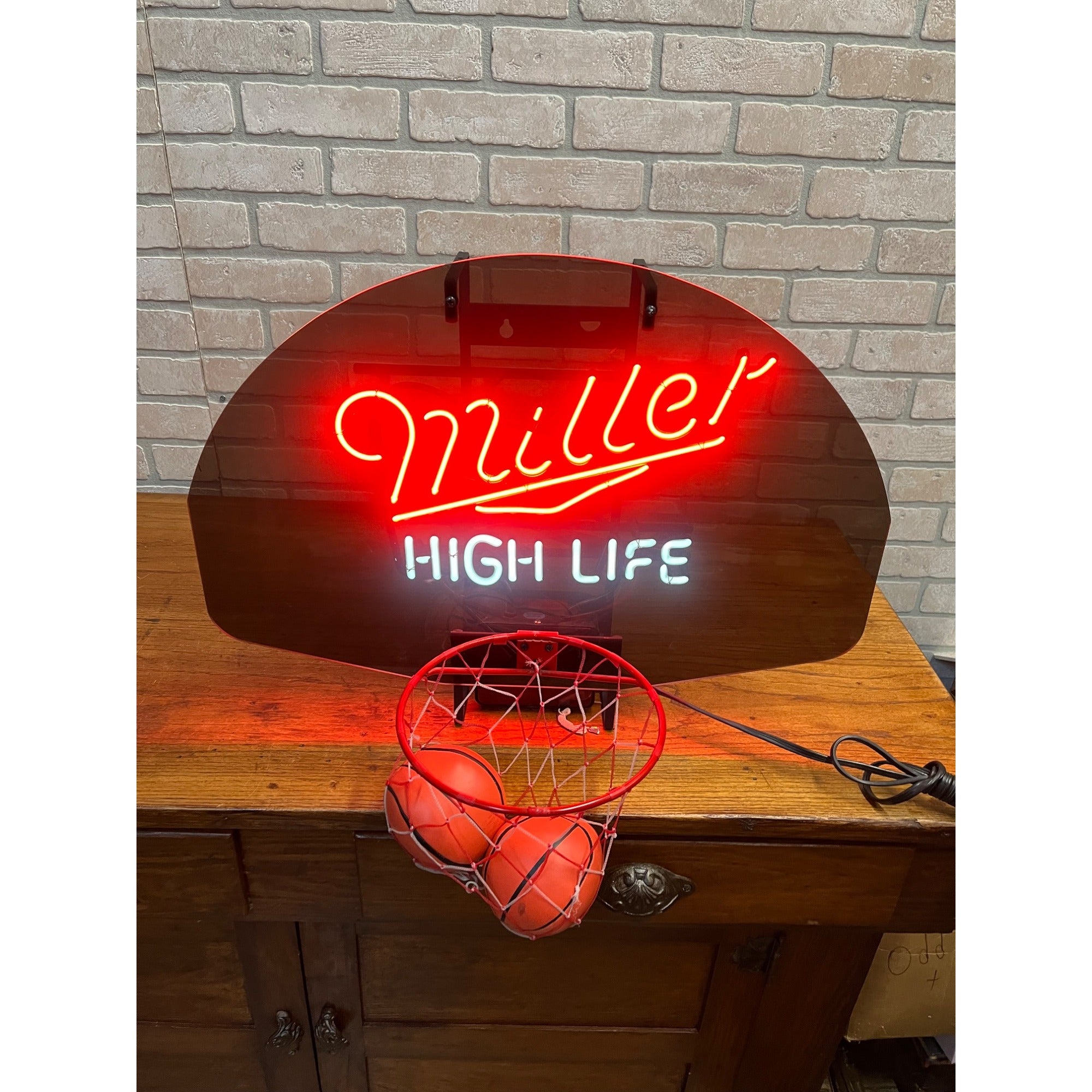 Vintage 1989 Miller High Life Basketball Bar Neon Sign Hoop w/ Balls - Works