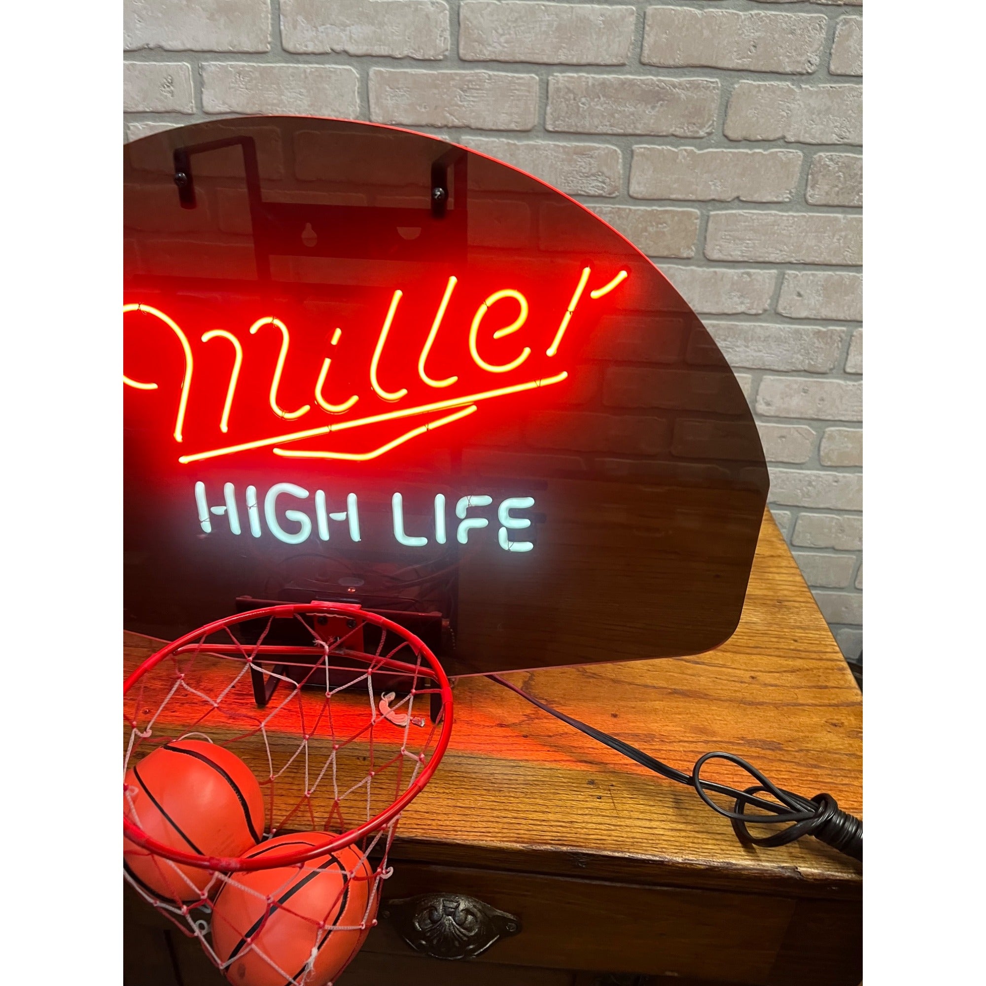 Vintage 1989 Miller High Life Basketball Bar Neon Sign Hoop w/ Balls - Works