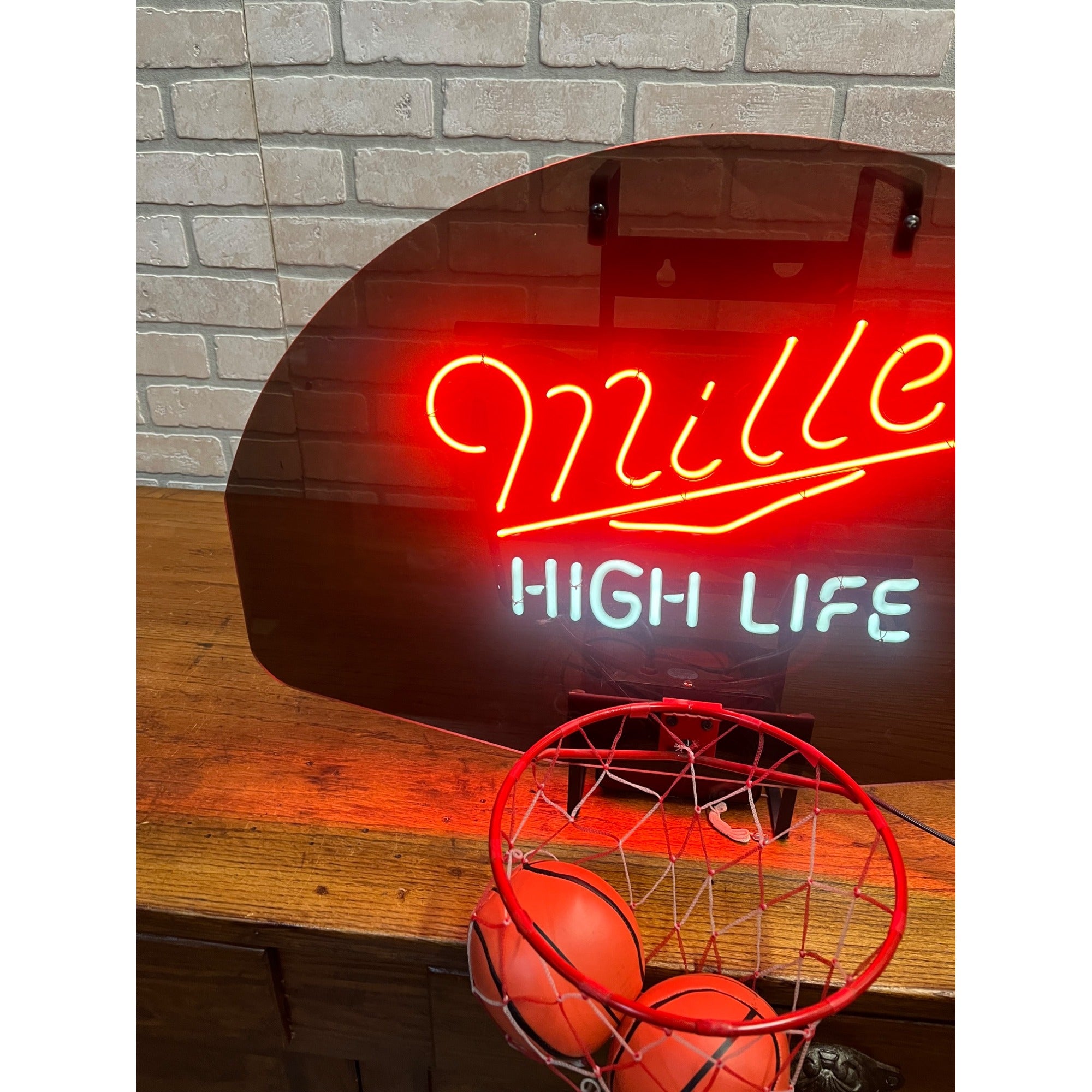 Vintage 1989 Miller High Life Basketball Bar Neon Sign Hoop w/ Balls - Works