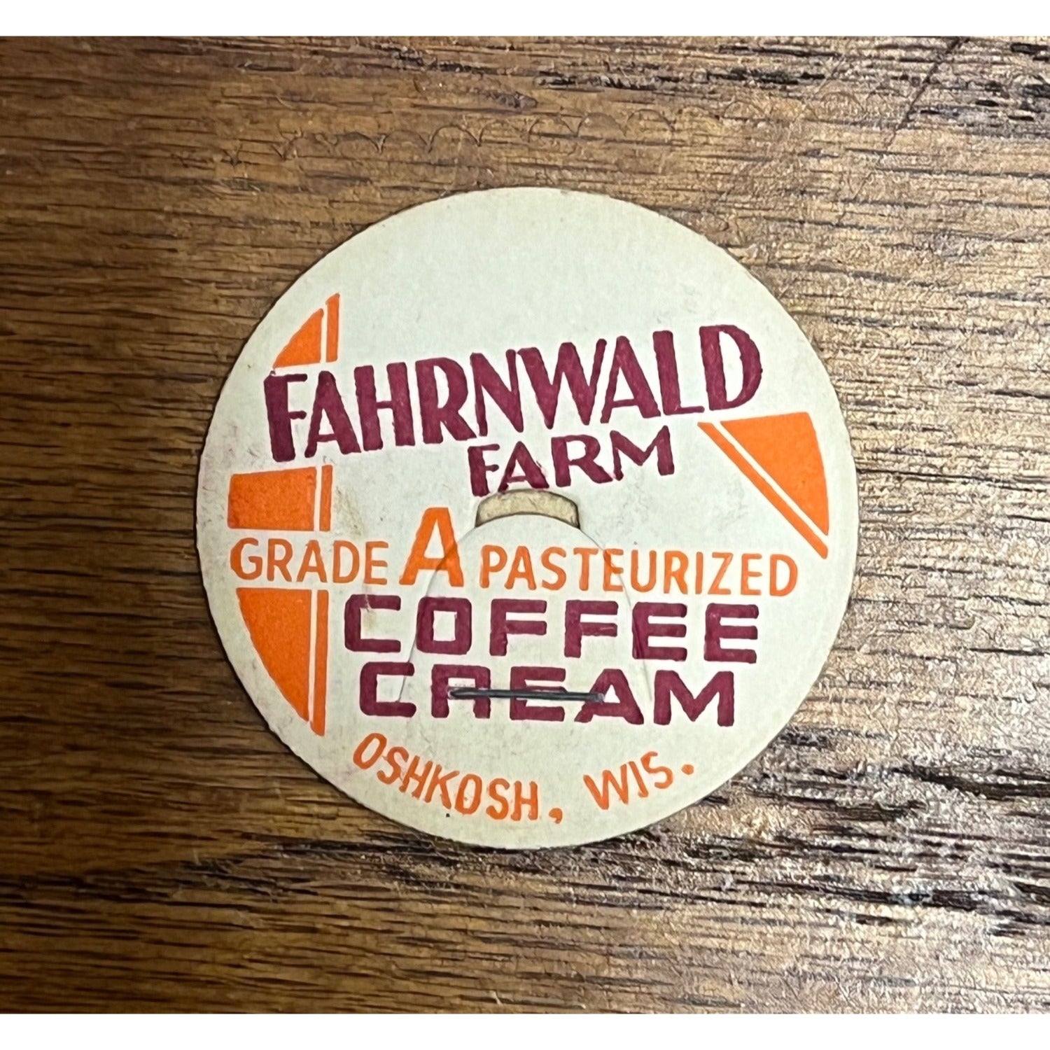 Milk Bottle Cap - Fahrnwald Farm Dairy - Oshkosh, (Wisconsin) Wis WI - Coffee Creamer