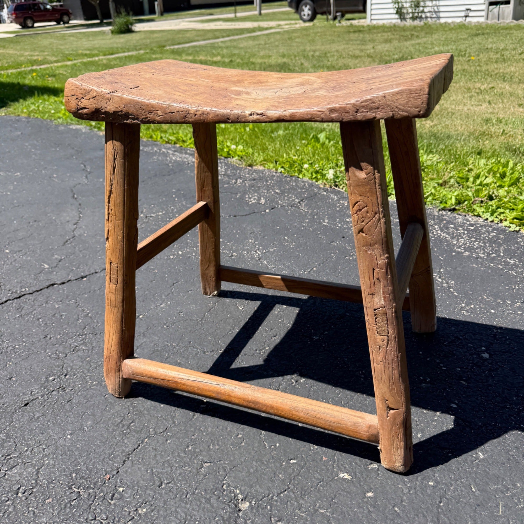 Antique Primitive Wooden Milking Stool Hand Hewn Farmhouse Rustic Folk Art