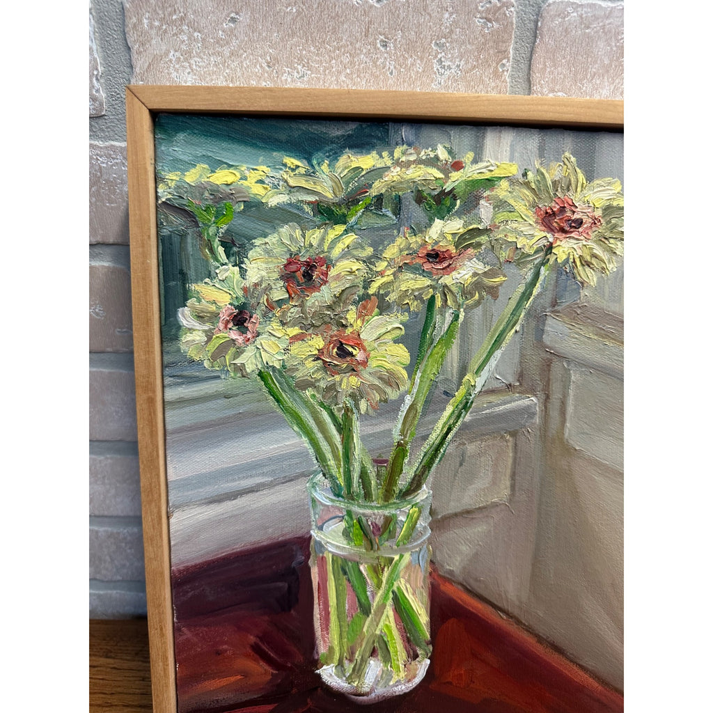 Gerber Daisies Primitive Style Artist Painting Artwork Canvas Framed Sherrod Blankner