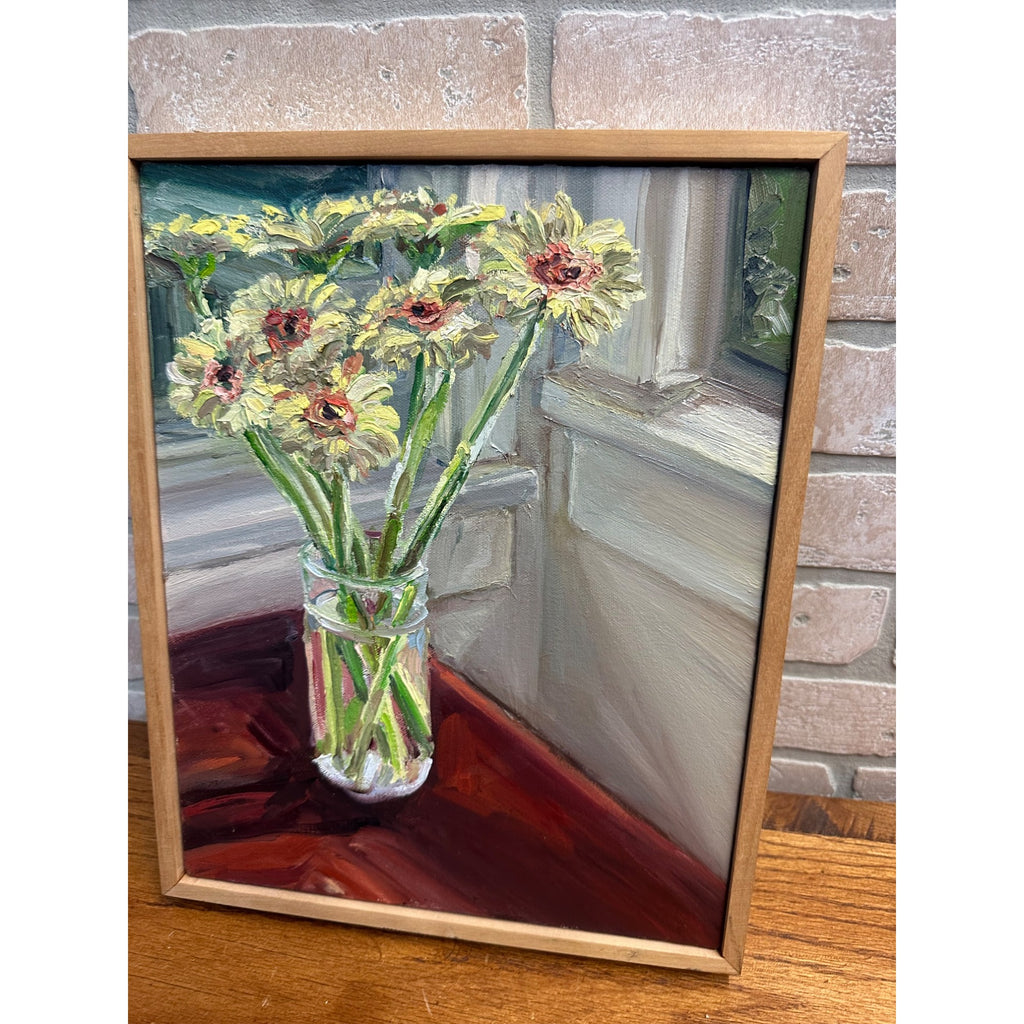 Gerber Daisies Primitive Style Artist Painting Artwork Canvas Framed Sherrod Blankner