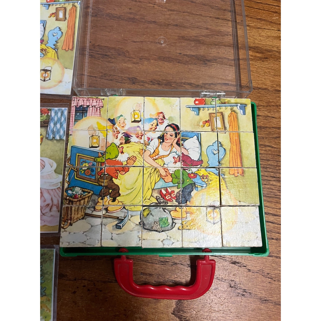 Vintage Federal Republic of Germany Children's Fairy Tale Picture Puzzle Block Set In Plastic Storage Case