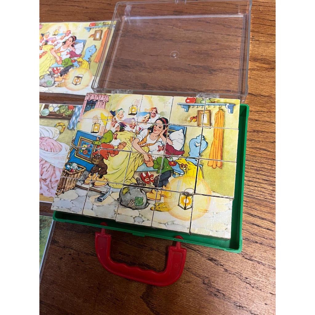 Vintage Federal Republic of Germany Children's Fairy Tale Picture Puzzle Block Set In Plastic Storage Case