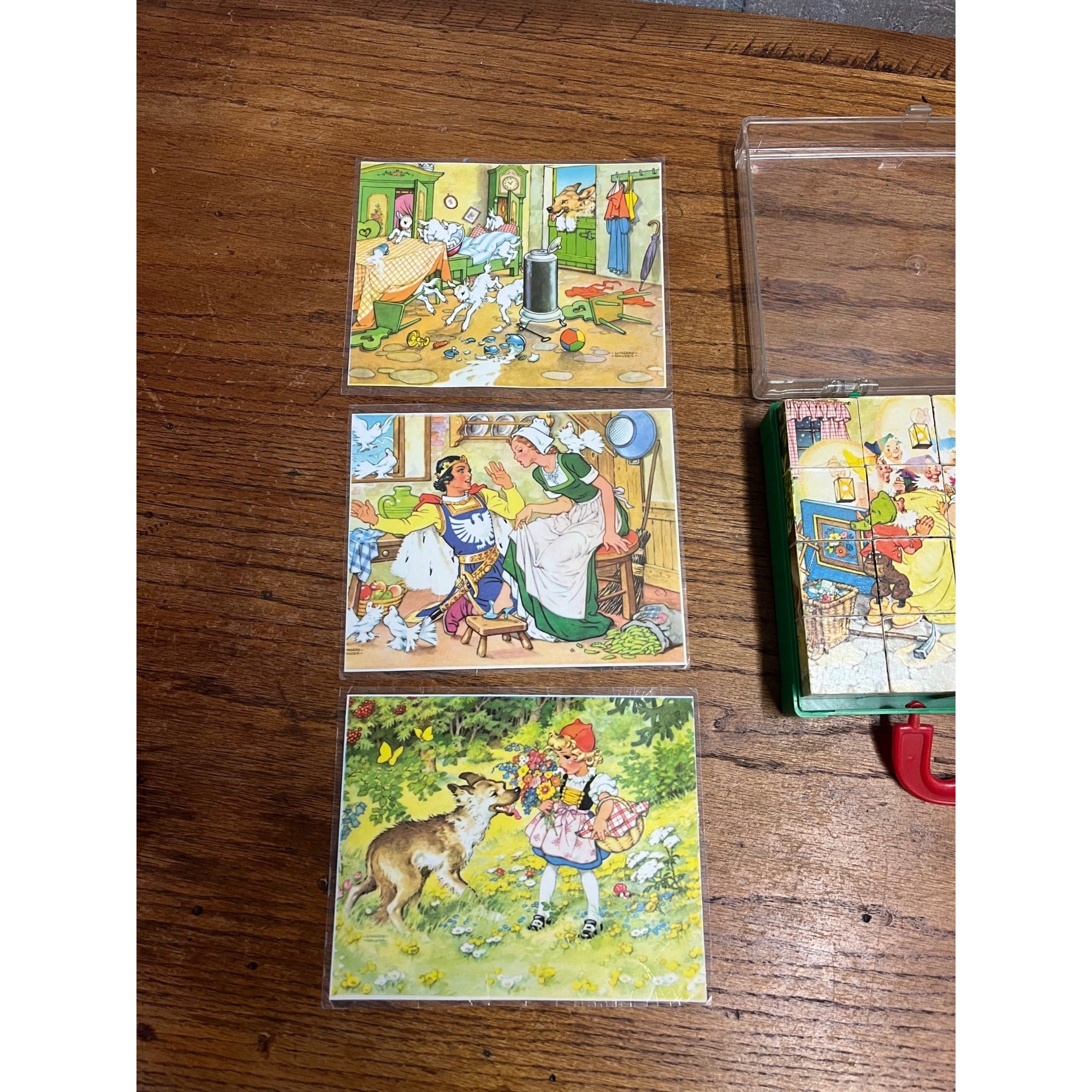 Vintage Federal Republic of Germany Children's Fairy Tale Picture Puzzle Block Set In Plastic Storage Case