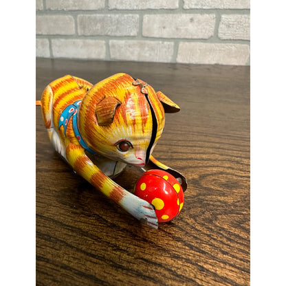 Vintage 1960s Cat Chasing Ball Tin Litho Toy Made in Japan WIndup