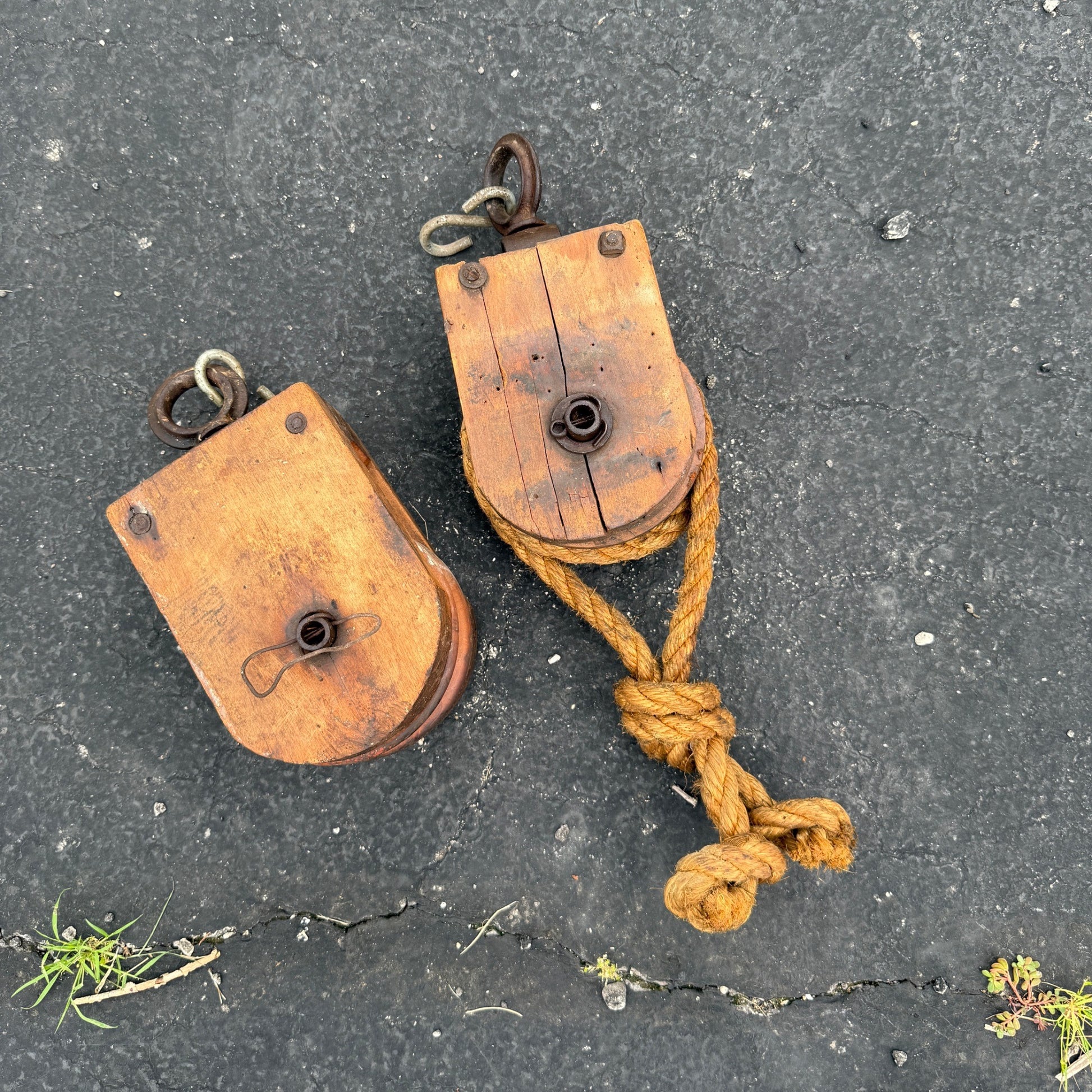Pair Vintage Wooden Pulleys Pulley Block Wheels Nautical Farmhouse