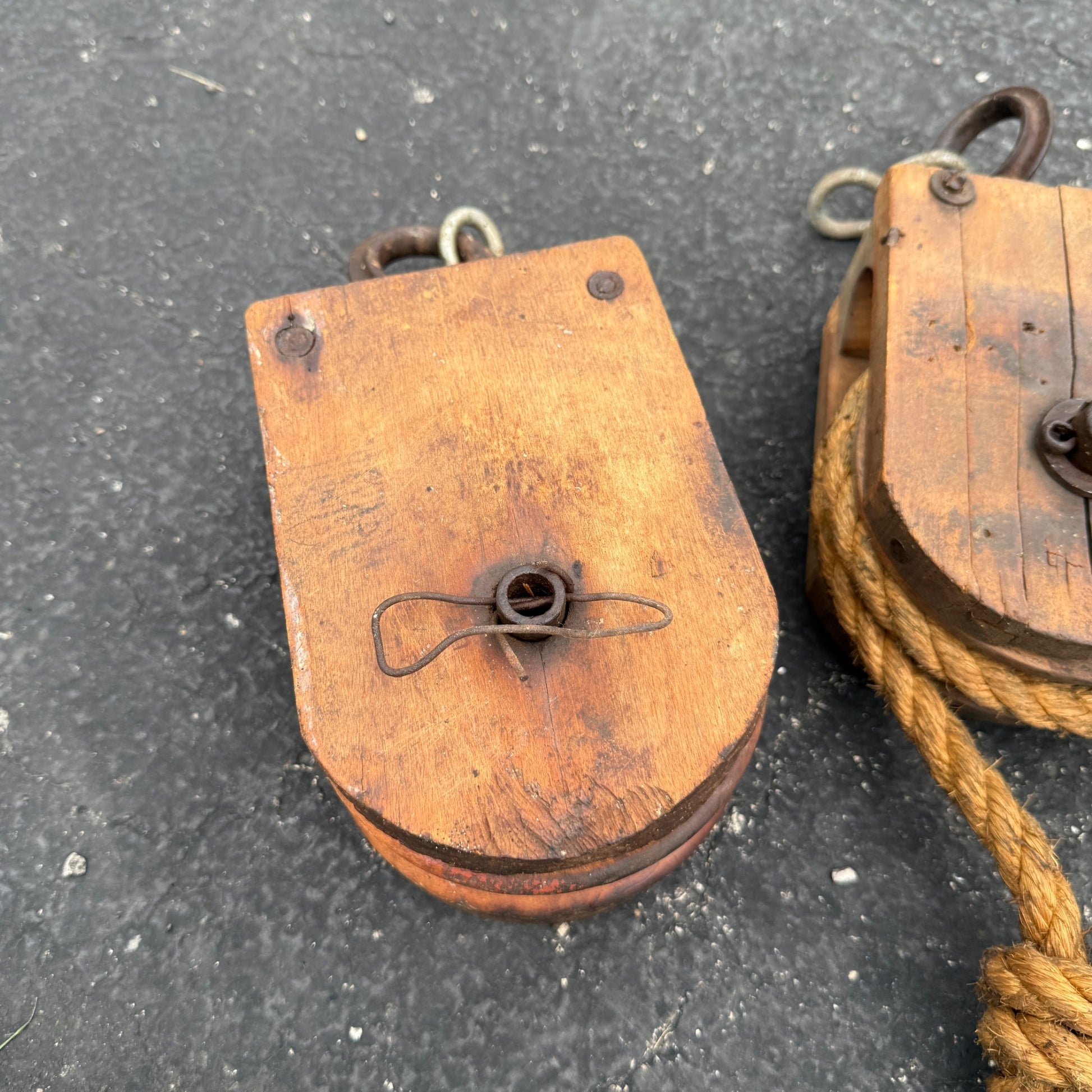Pair Vintage Wooden Pulleys Pulley Block Wheels Nautical Farmhouse