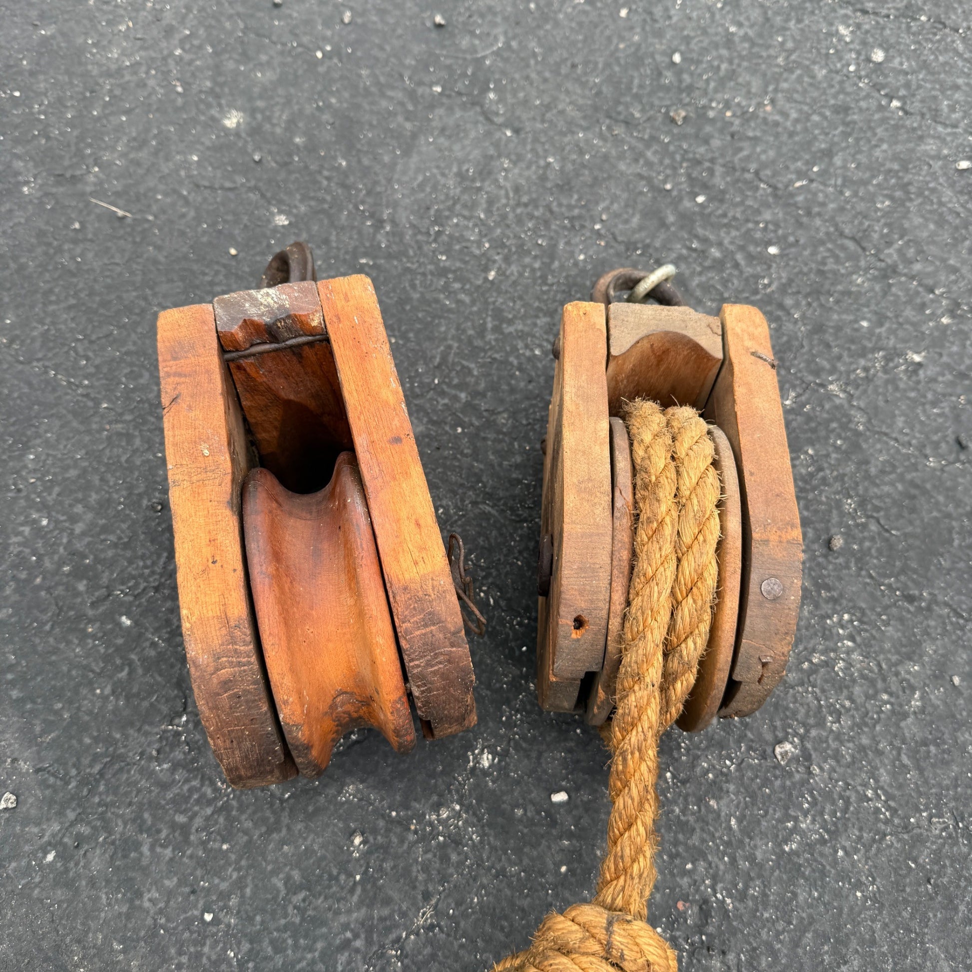 Pair Vintage Wooden Pulleys Pulley Block Wheels Nautical Farmhouse