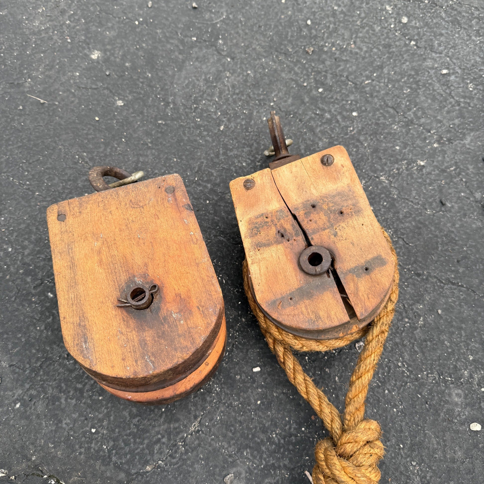 Pair Vintage Wooden Pulleys Pulley Block Wheels Nautical Farmhouse