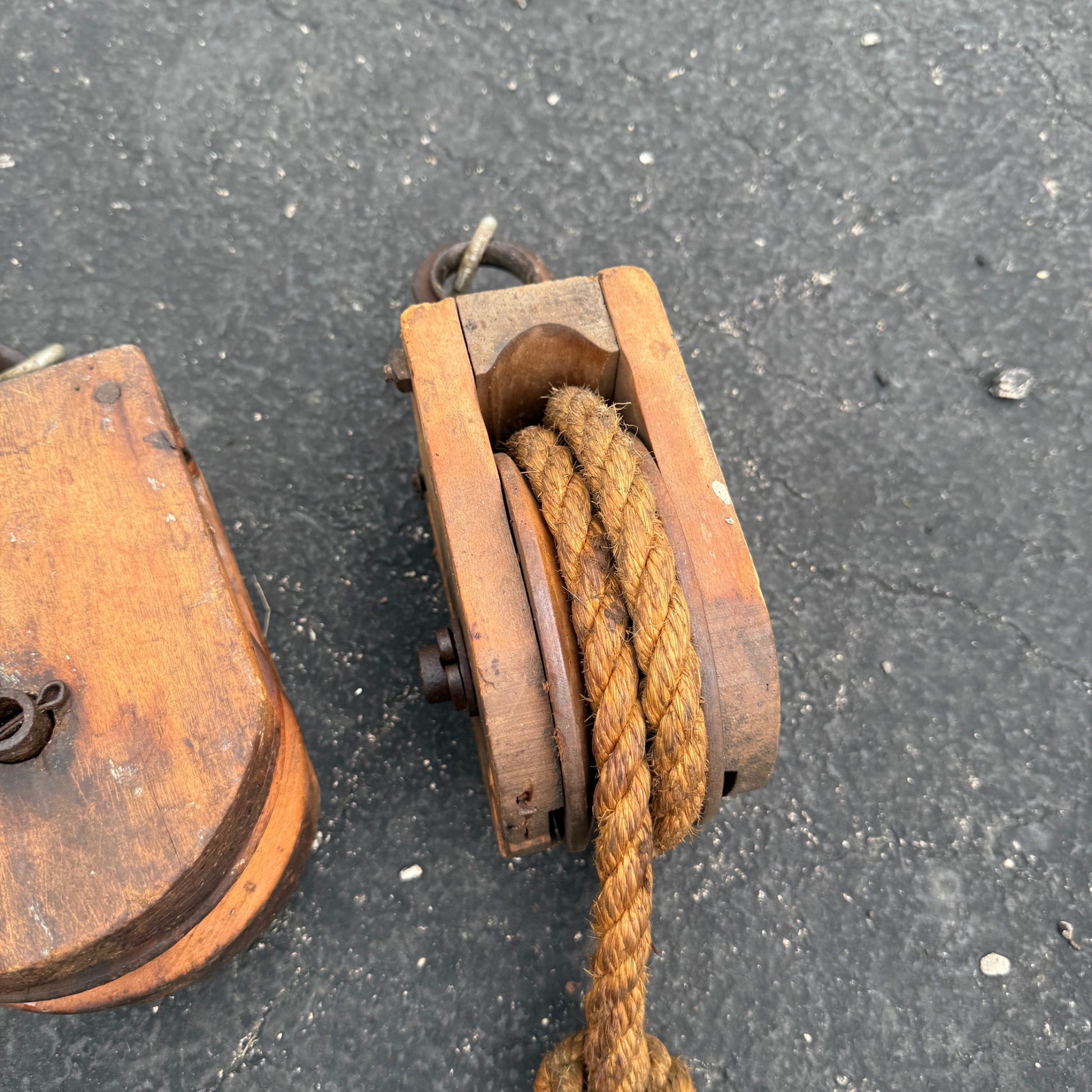 Pair Vintage Wooden Pulleys Pulley Block Wheels Nautical Farmhouse