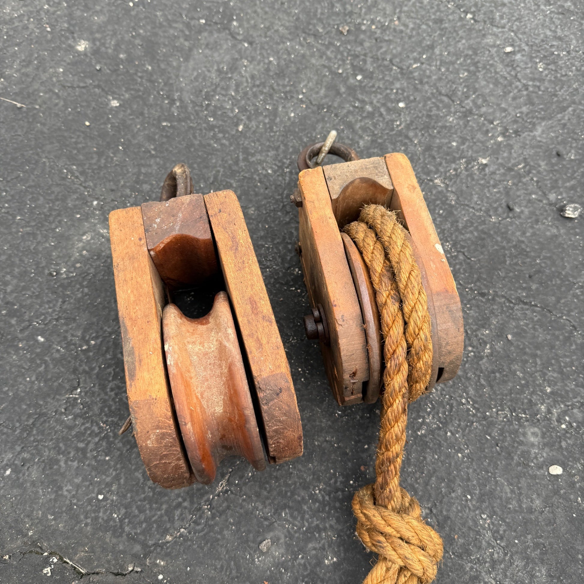 Pair Vintage Wooden Pulleys Pulley Block Wheels Nautical Farmhouse