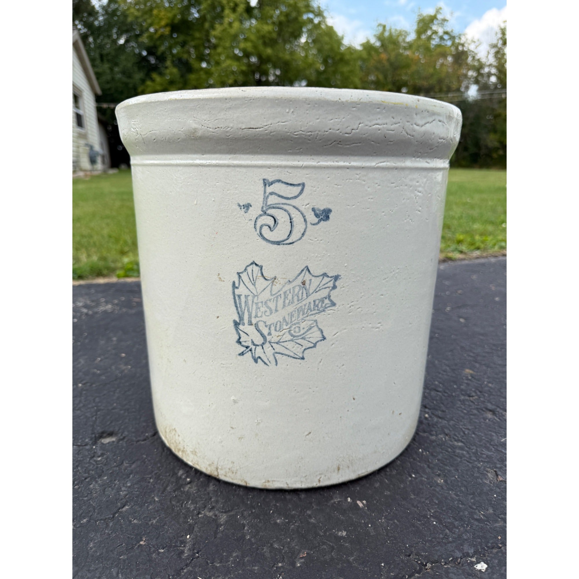 5 Gallon Western White Glazed Stoneware Crock Maple Leaf