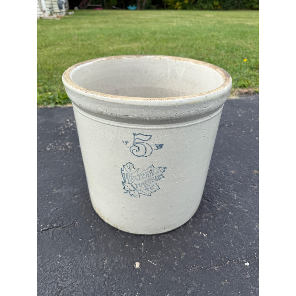 5 Gallon Western White Glazed Stoneware Crock Maple Leaf