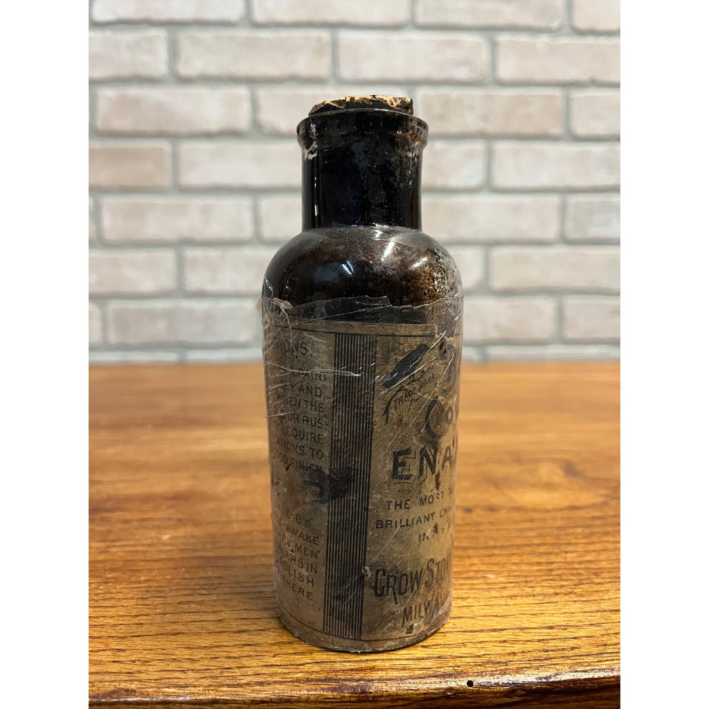 RARE Antique 1880s Old Black Crow Stove Polish Milwaukee, Wis Amber Bottle Label