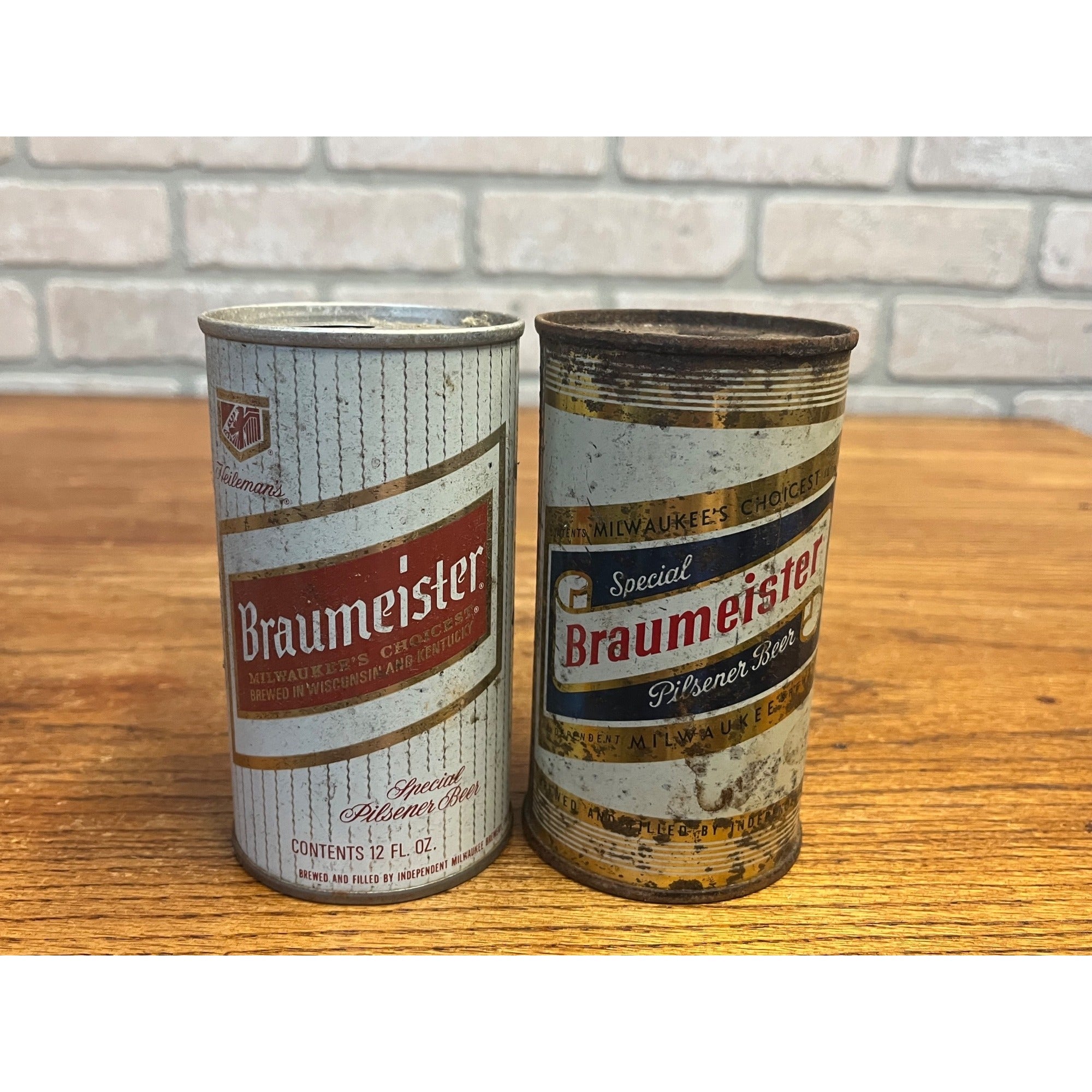 Vintage Braumeister Beer Milwaukee Wis Lot (2) Flat Top Cans - Fair Cond.