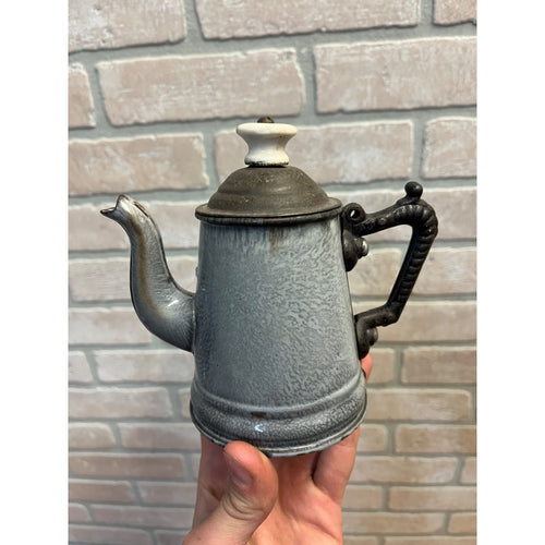 RARE Antique Primitive Gray Graniteware Enamel Miniature Child's Coffee Pot Farmhouse Decor Kitchen