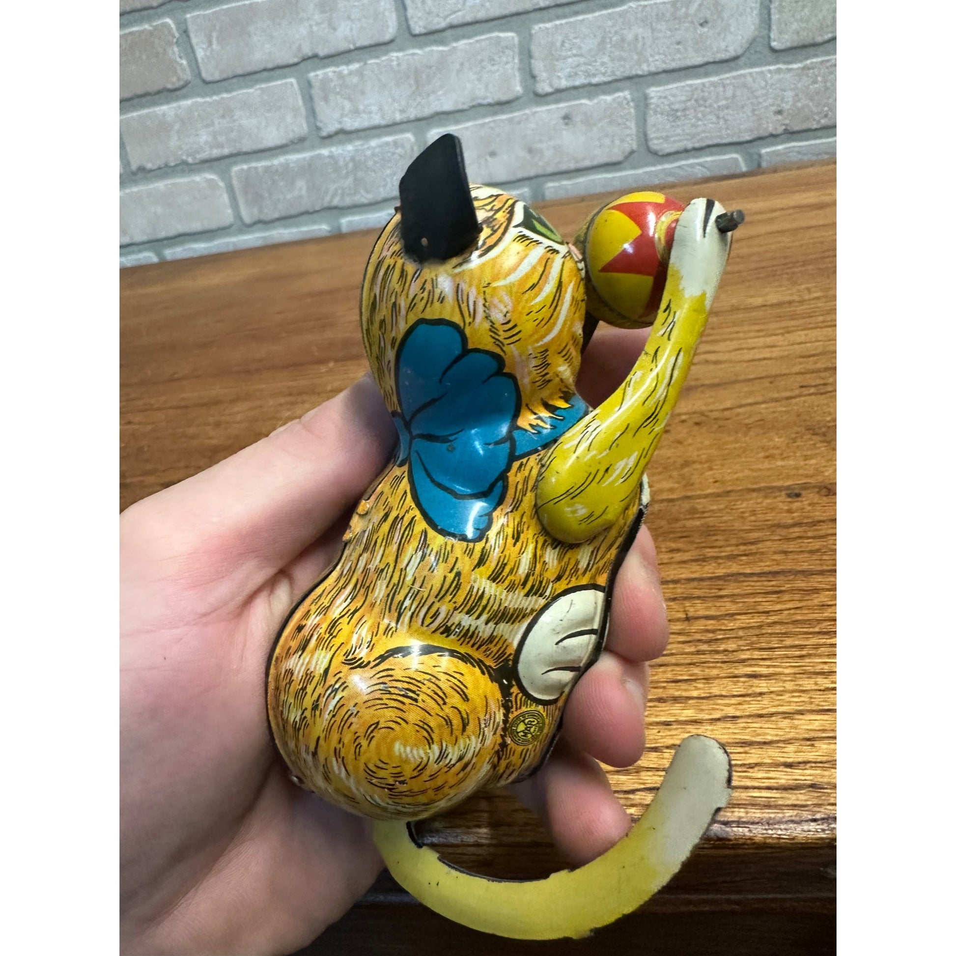 Vintage 1950s Marx Tin Litho Wind-Up Cat Chasing Ball Toy - No Key - As-Is
