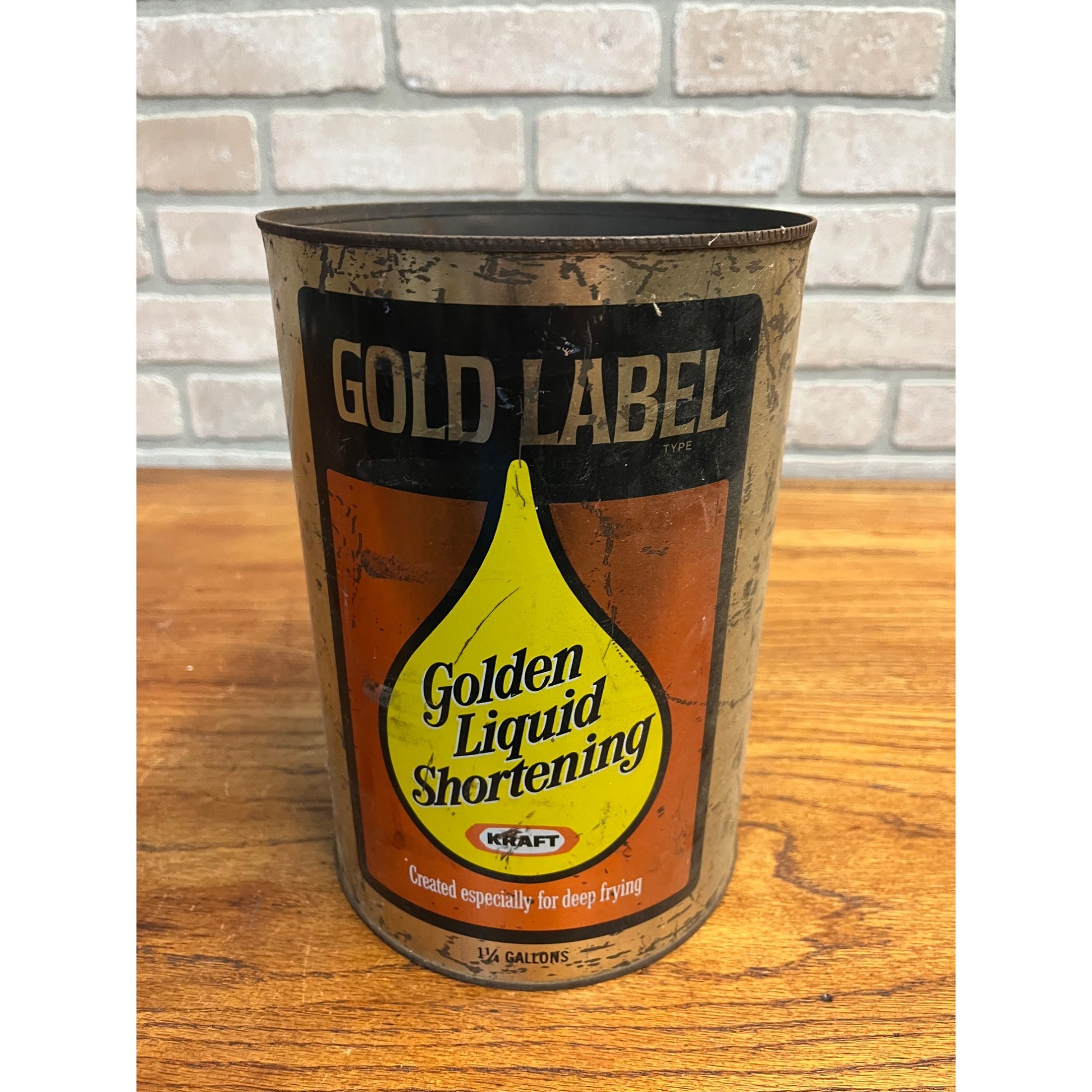 Vintage 1950s Kraft Foods Liquid Shortening Gold Label Kitchen Advertising Tin Can