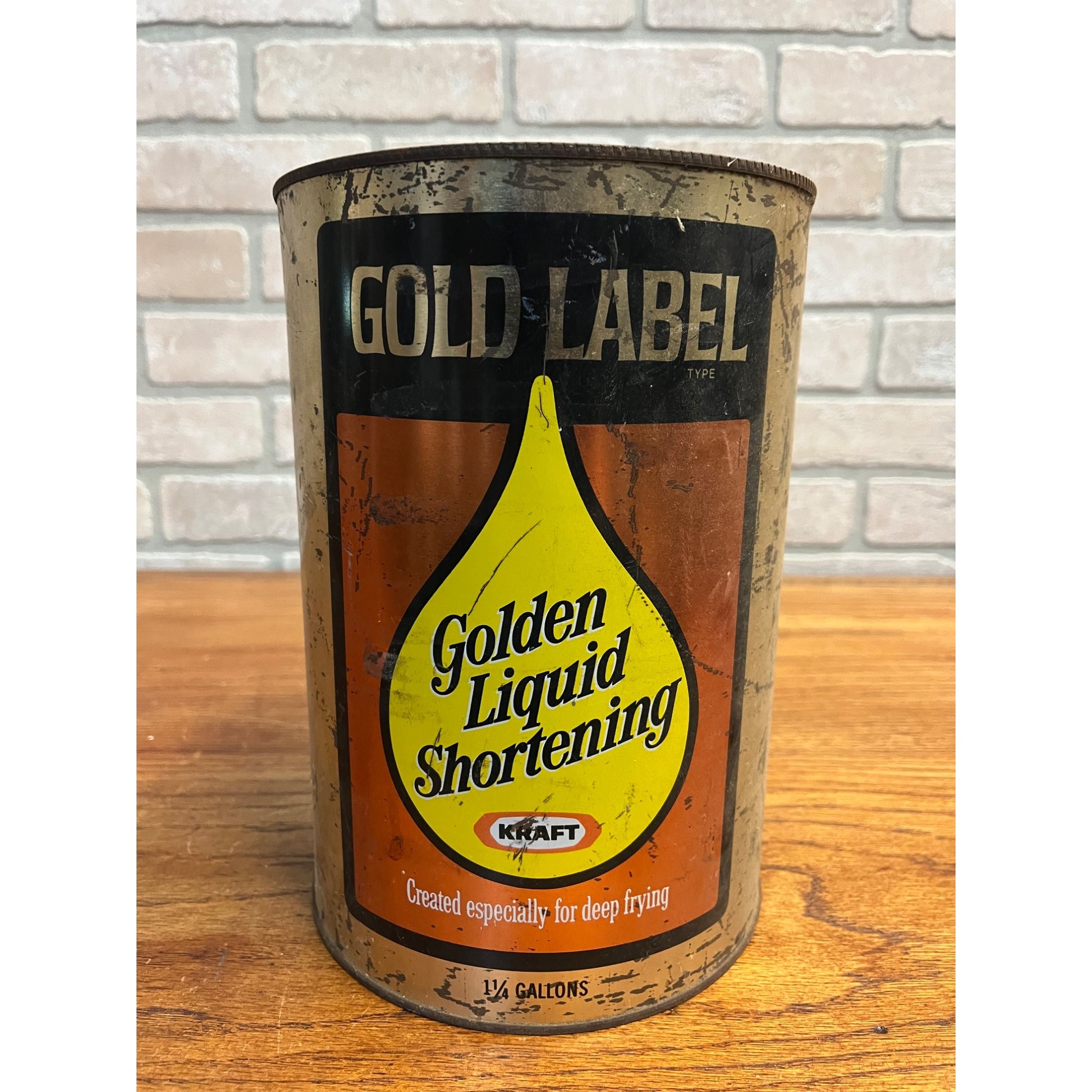 Vintage 1950s Kraft Foods Liquid Shortening Gold Label Kitchen Advertising Tin Can