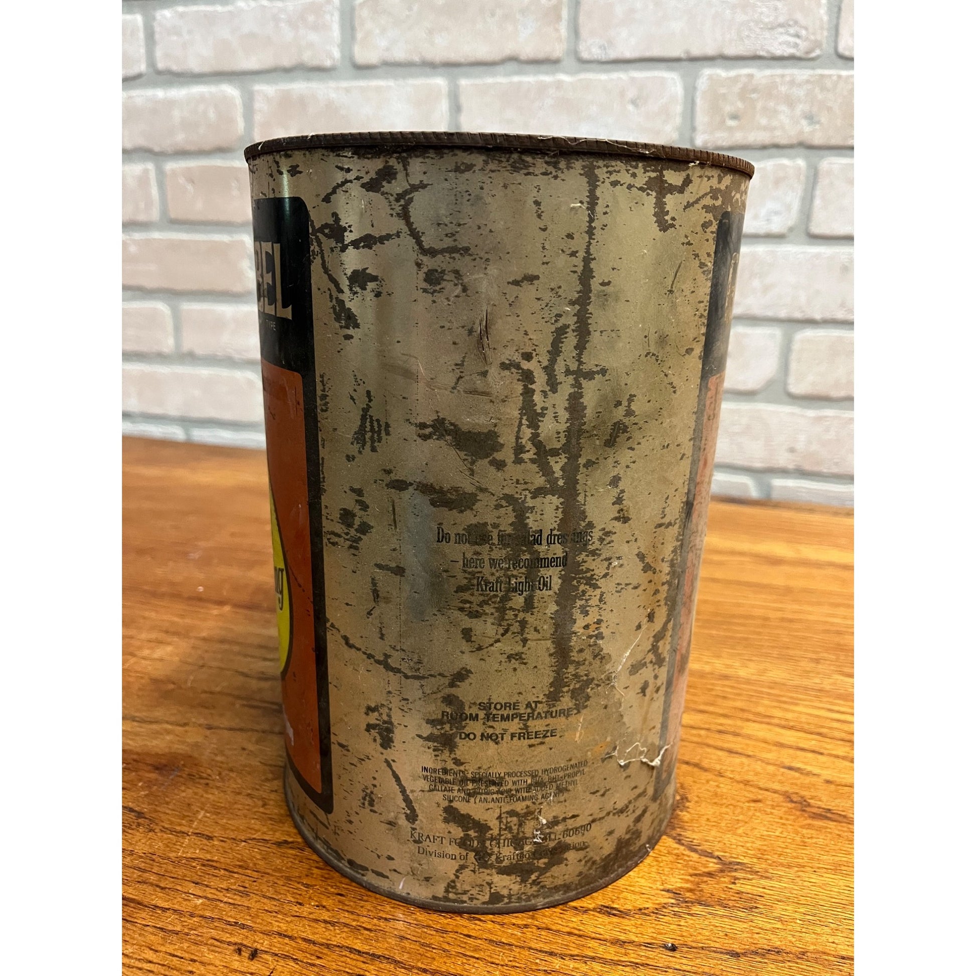 Vintage 1950s Kraft Foods Liquid Shortening Gold Label Kitchen Advertising Tin Can