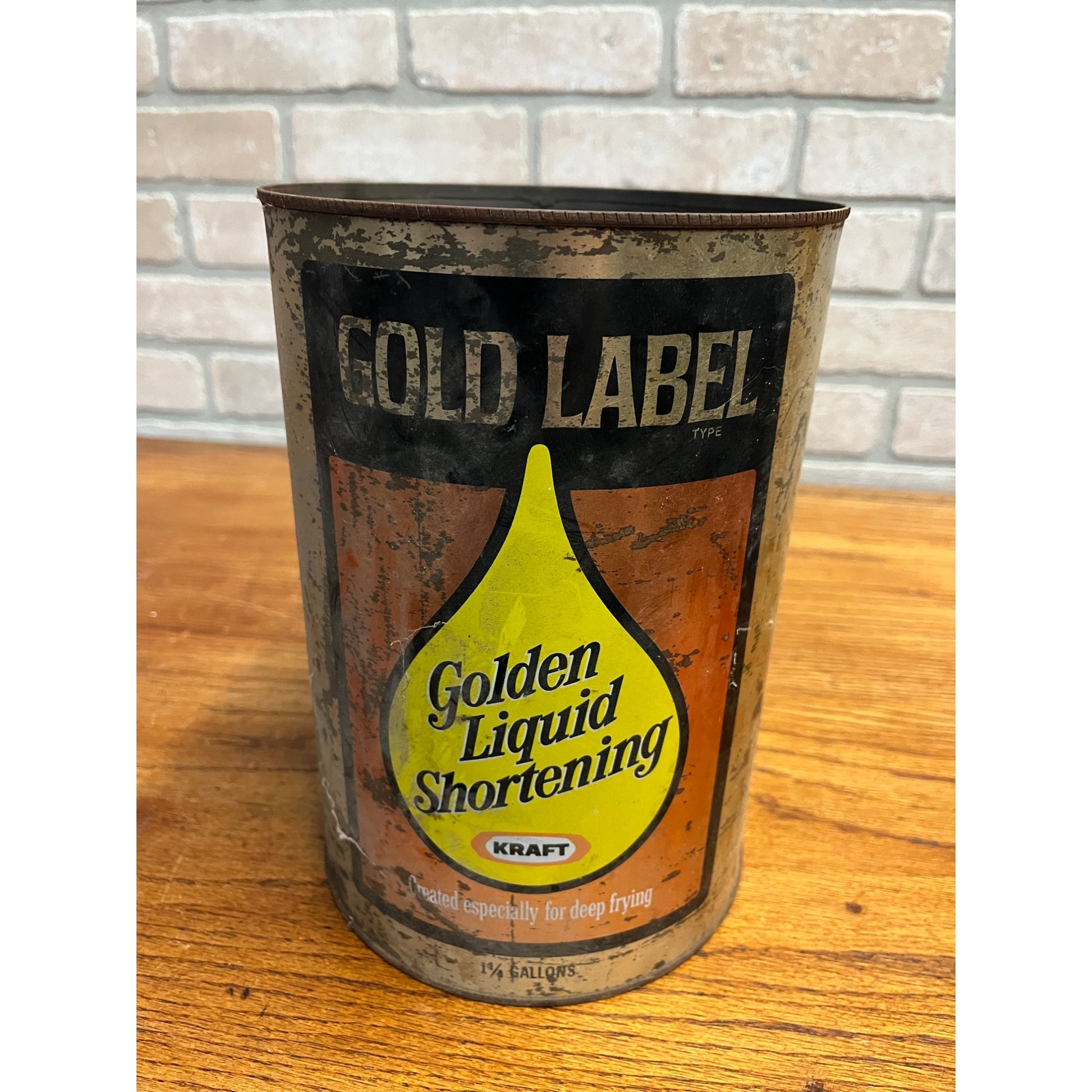 Vintage 1950s Kraft Foods Liquid Shortening Gold Label Kitchen Advertising Tin Can