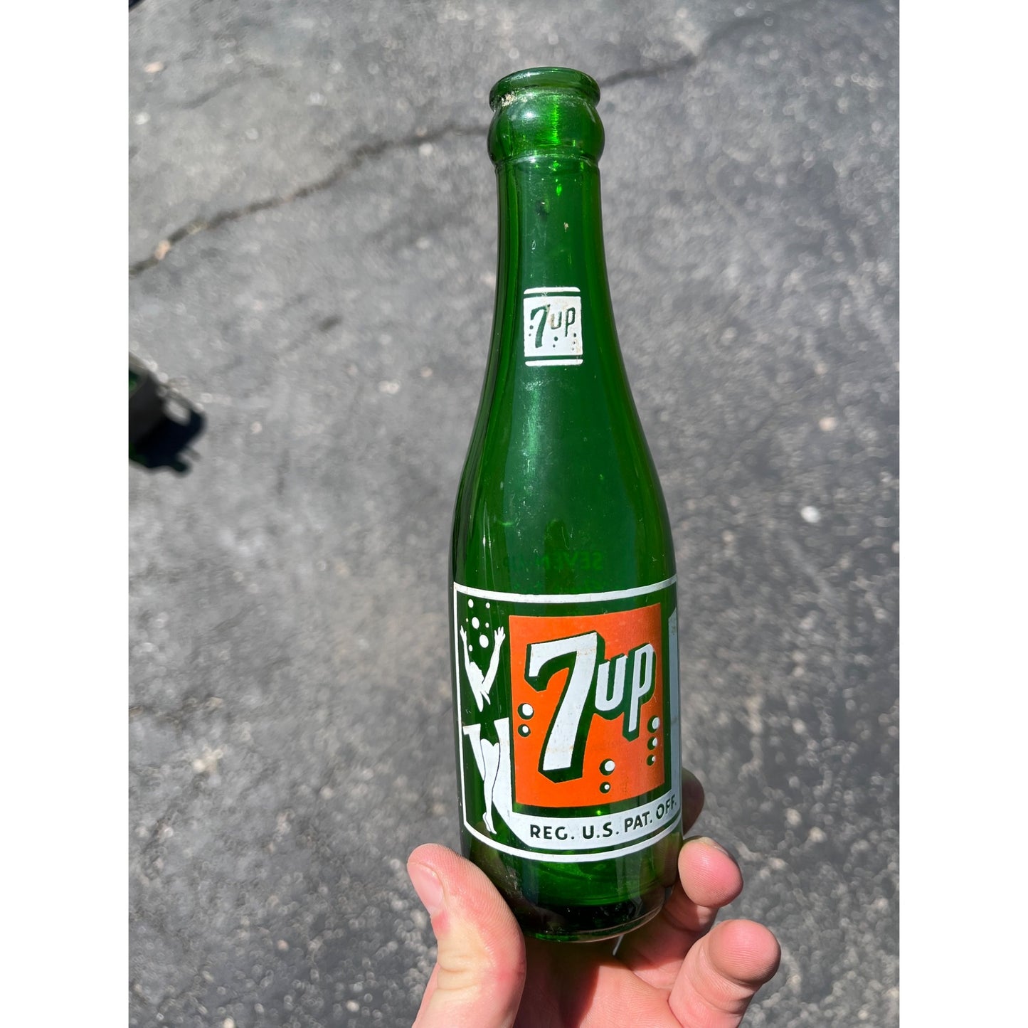 Vintage 7Up Seven-Up Glass Soda Bottle 7oz Swimmer Girl Atlantic Iowa IA